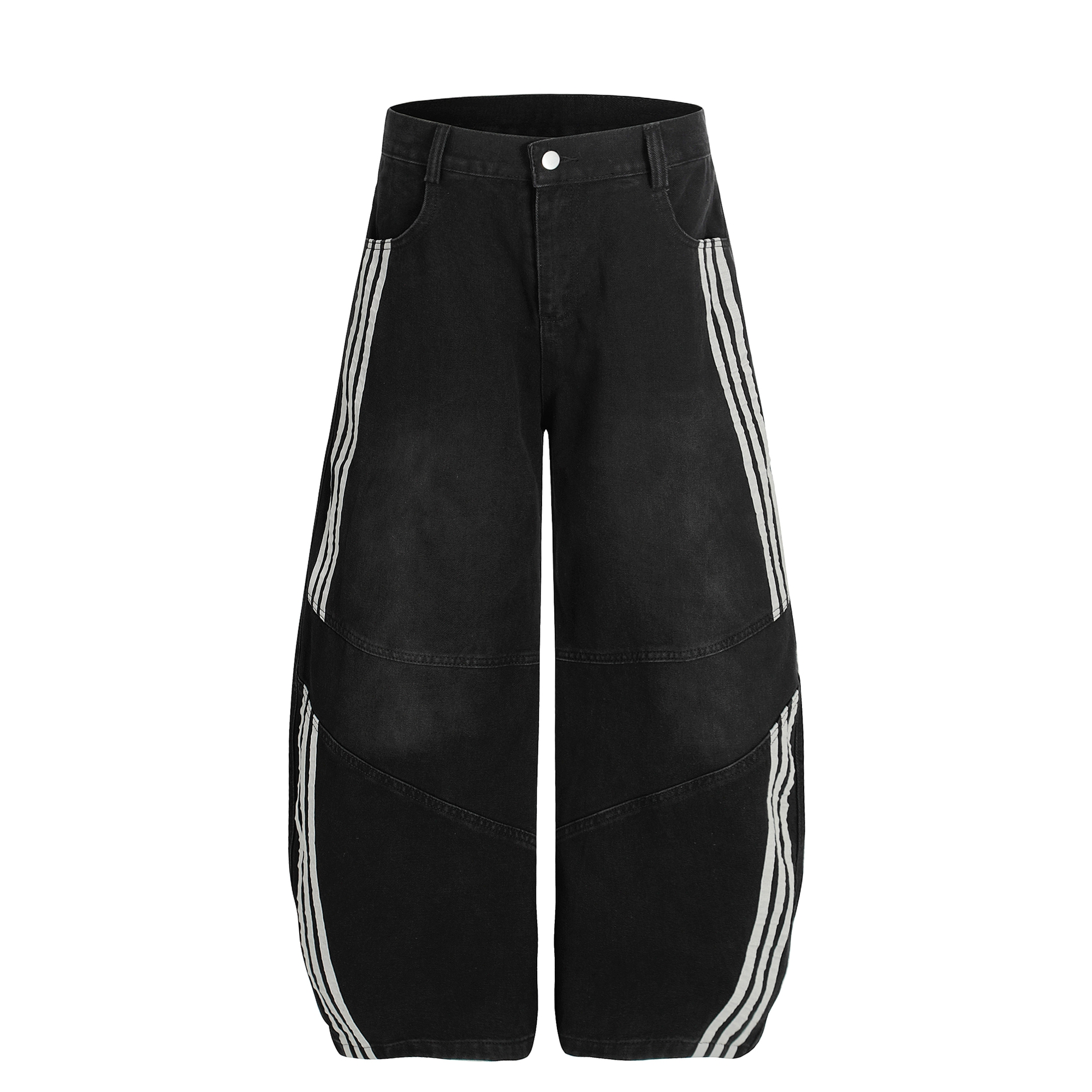 Washed Triple‑Stripe Deconstructed Wide‑Leg Jeans