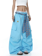 Plaid Belt Layered Badge Parachute Cargo Pants