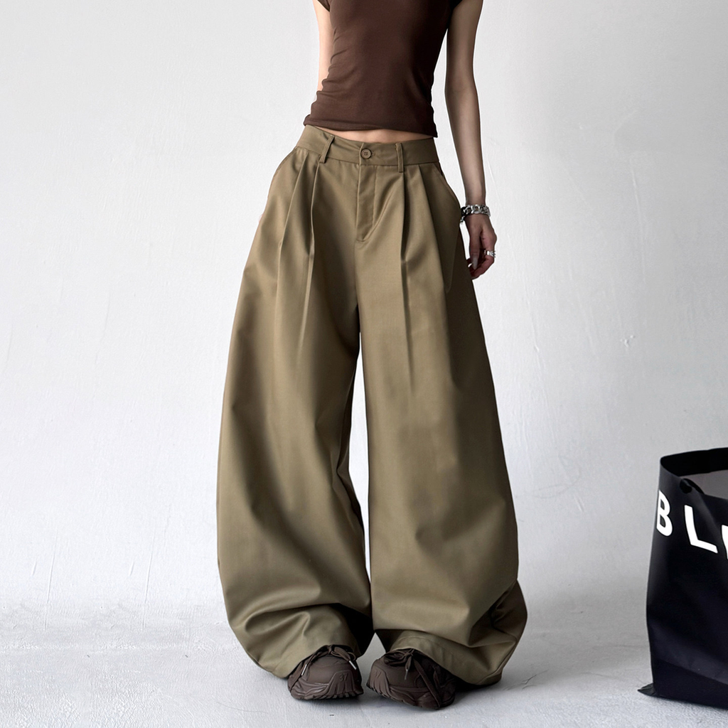 Draped Fit Pleated Wide Leg Trousers