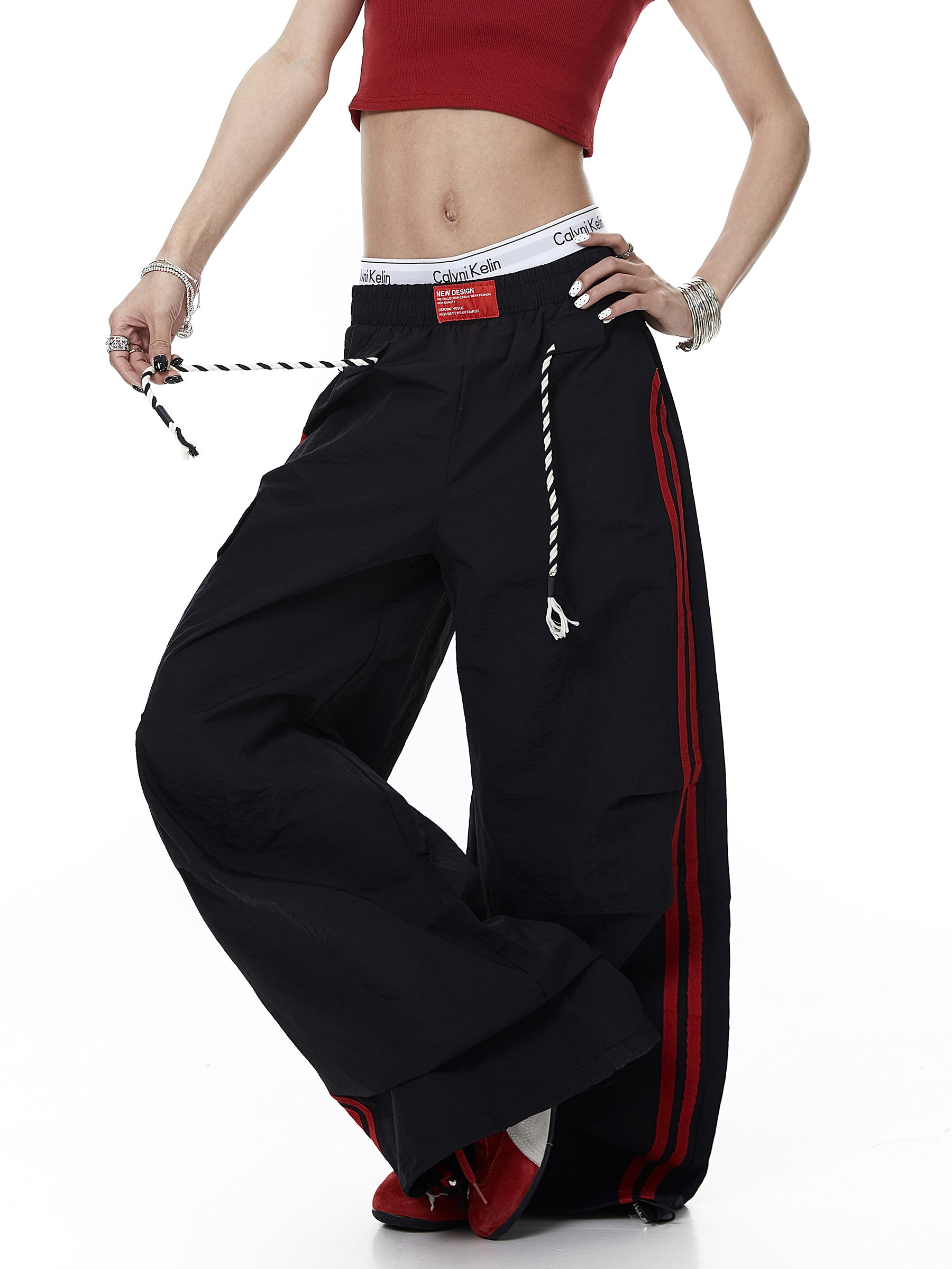 Rope-Waist Contrast Stripe Parachute Cargo Pants