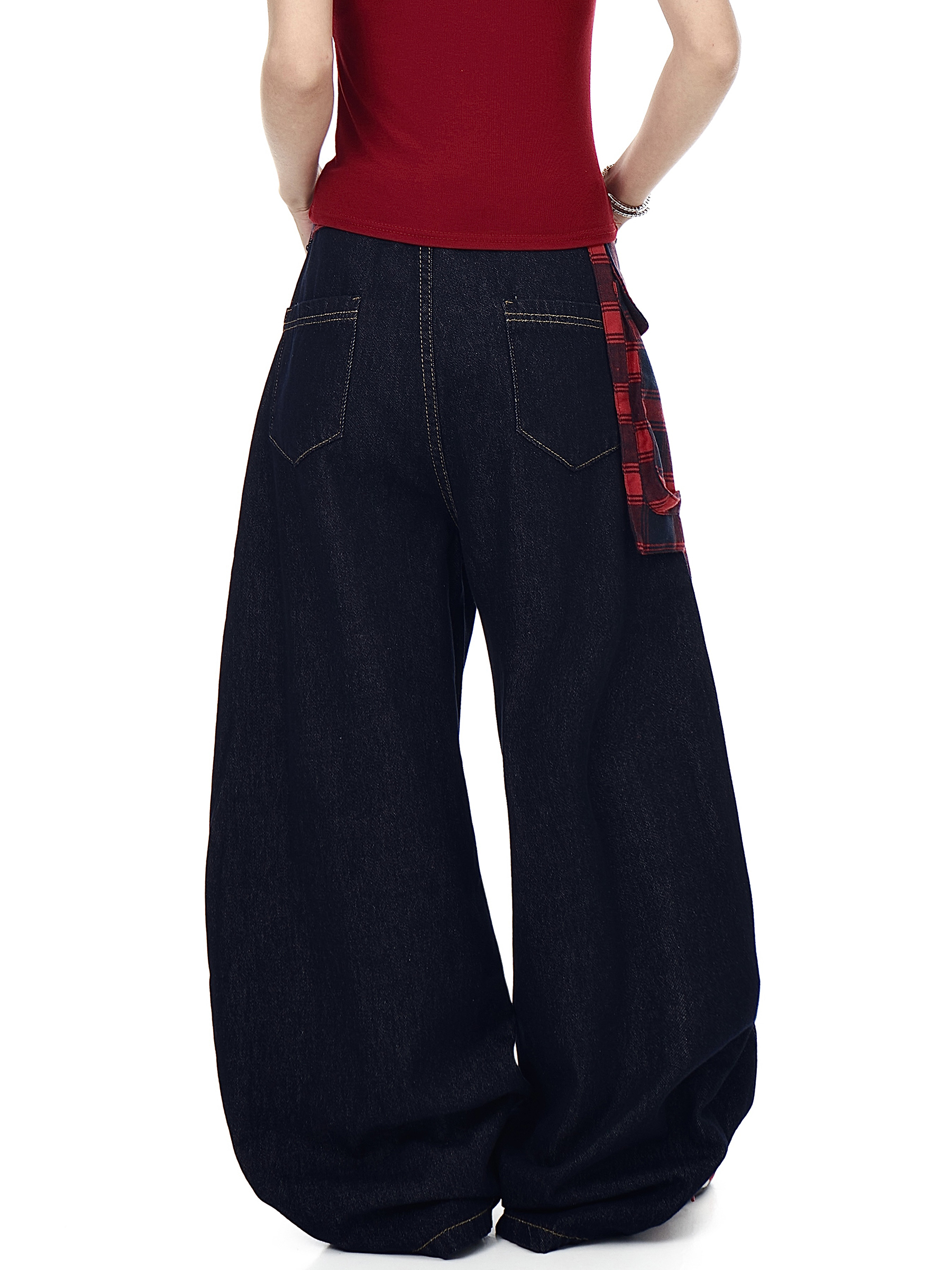 Detachable Plaid Wrap‑Belt Wide‑Leg Jeans