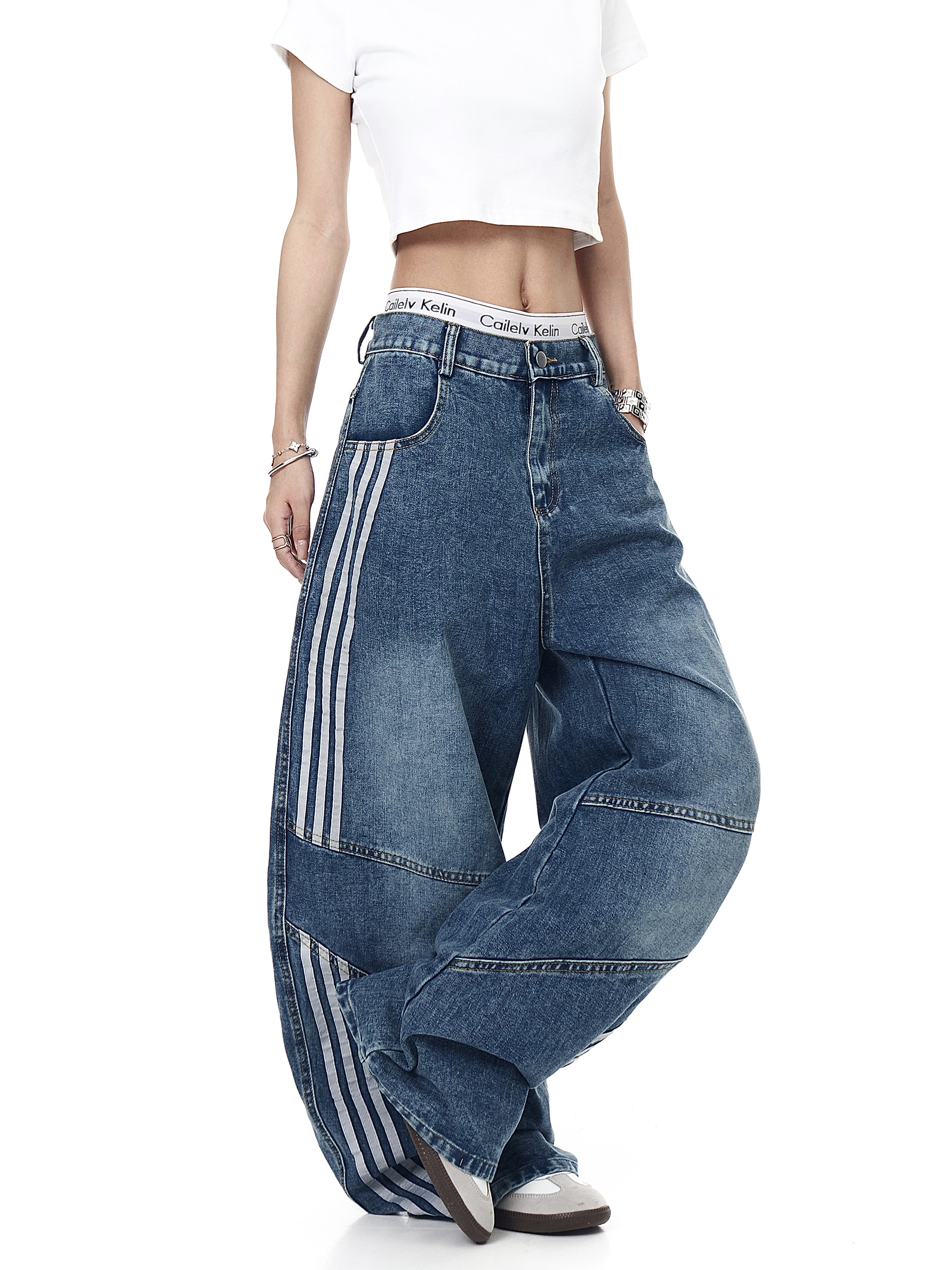 Washed Triple‑Stripe Deconstructed Wide‑Leg Jeans