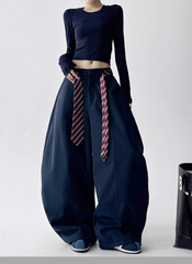 Detachable Tie Belt Wide-Leg Trousers