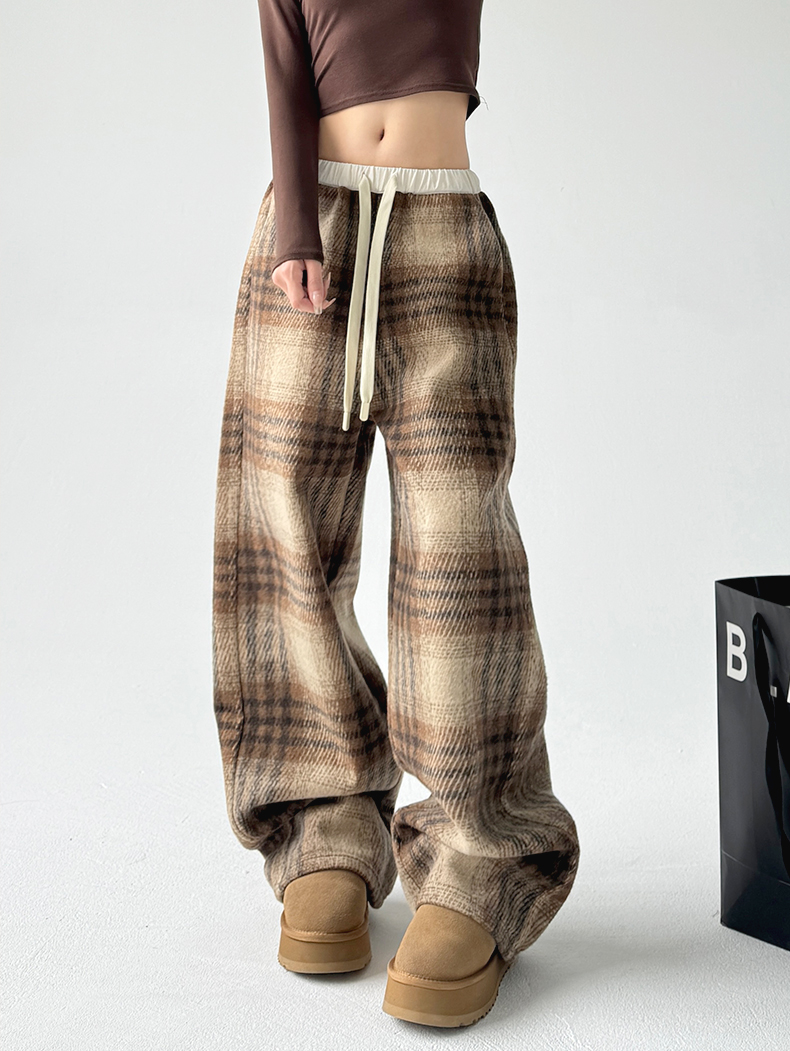 Plaid Fleece-Lined Wide-Leg Pants