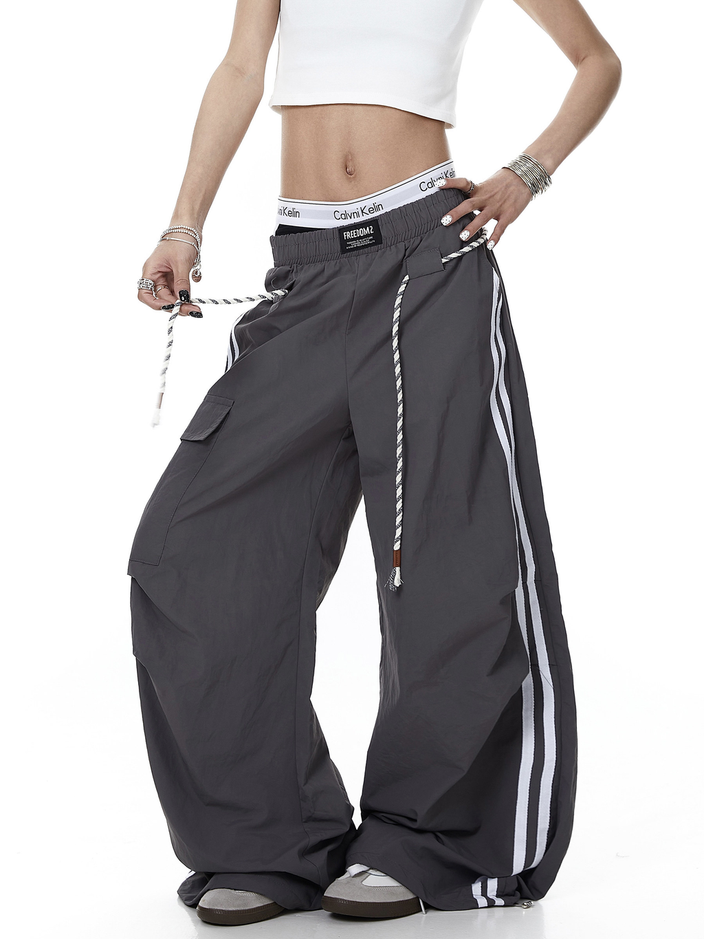 Rope-Waist Contrast Stripe Parachute Cargo Pants
