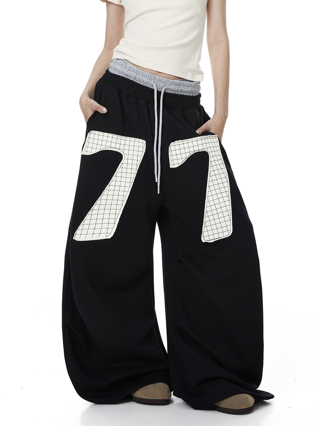 Contrast Patch Embroidered Double Waist Sweatpants