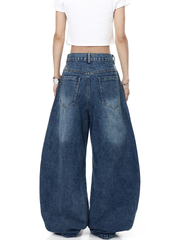 Washed Triple‑Stripe Deconstructed Wide‑Leg Jeans