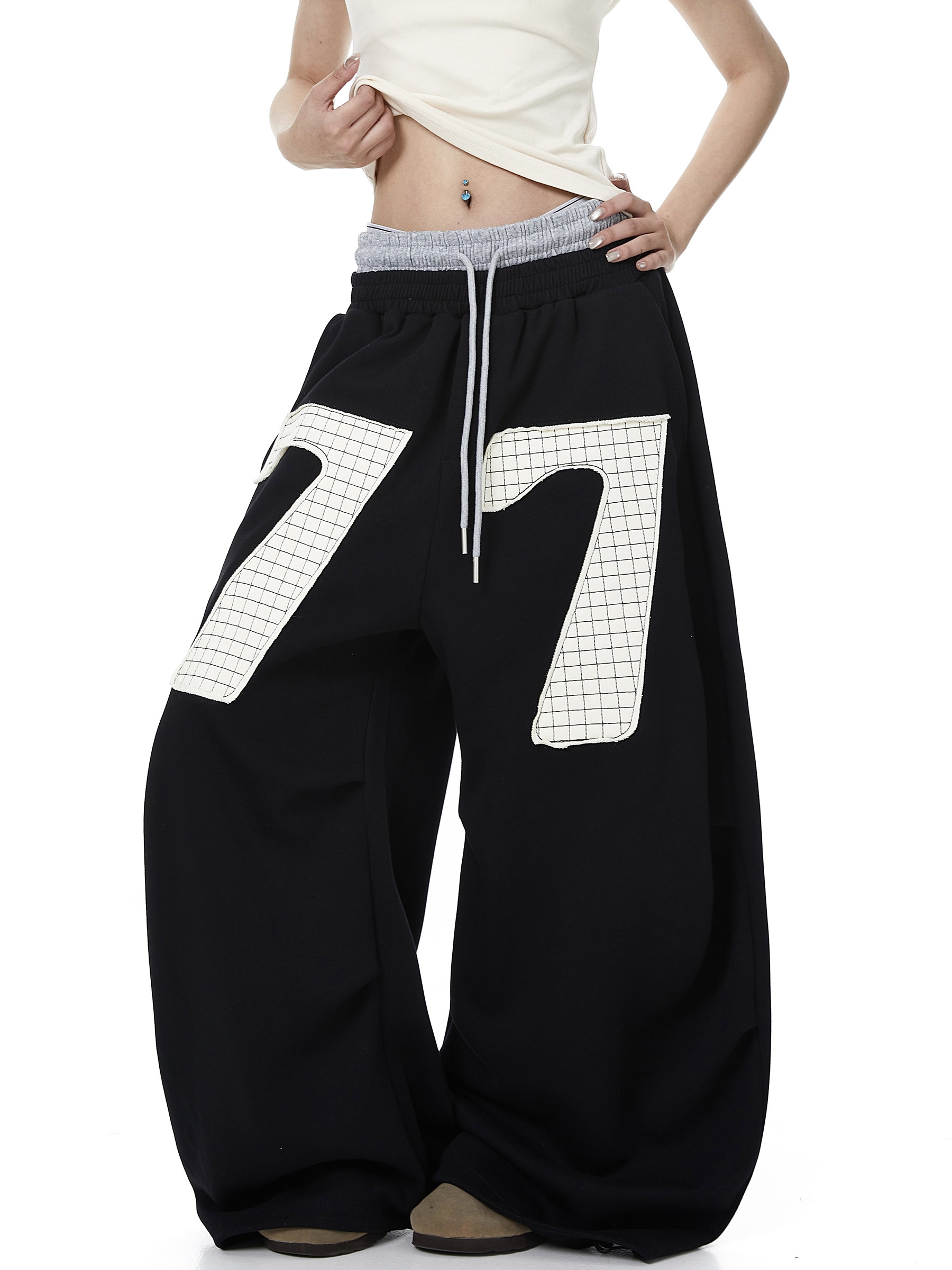 Contrast Patch Embroidered Double Waist Sweatpants