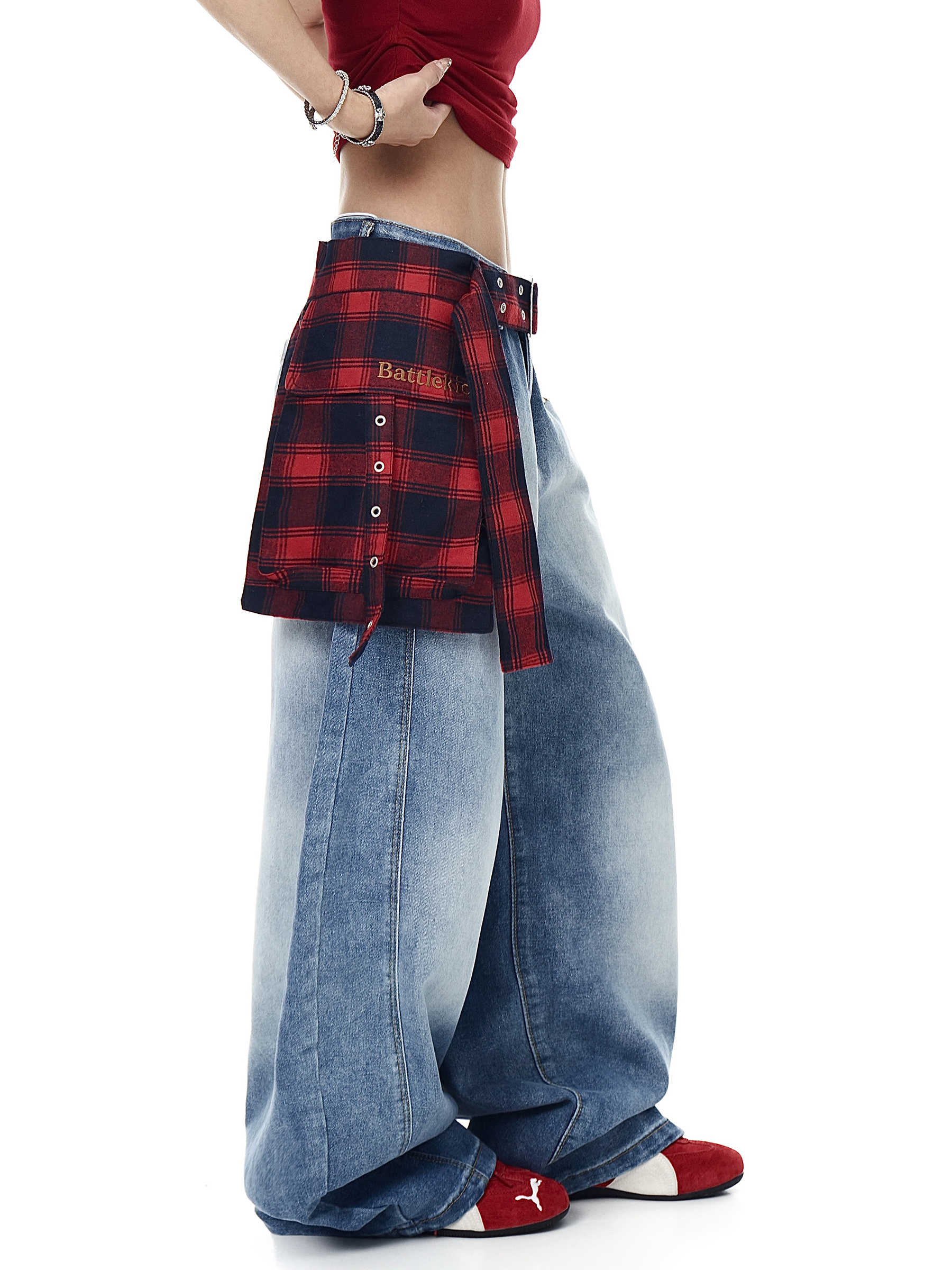 Detachable Plaid Wrap‑Belt Wide‑Leg Jeans
