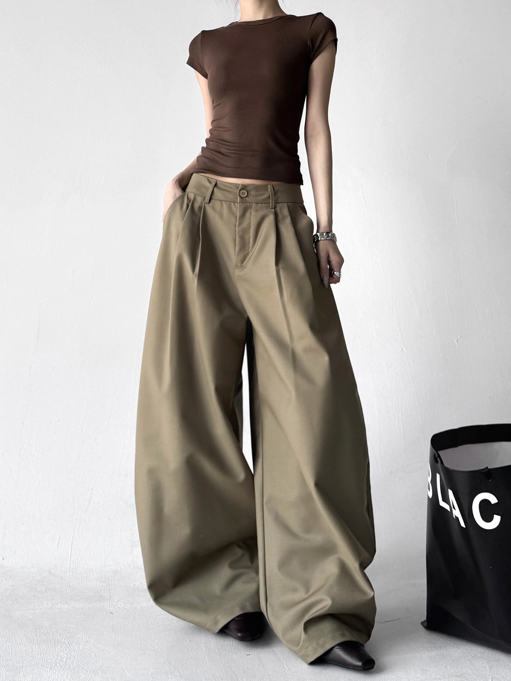 Draped Fit Pleated Wide Leg Trousers