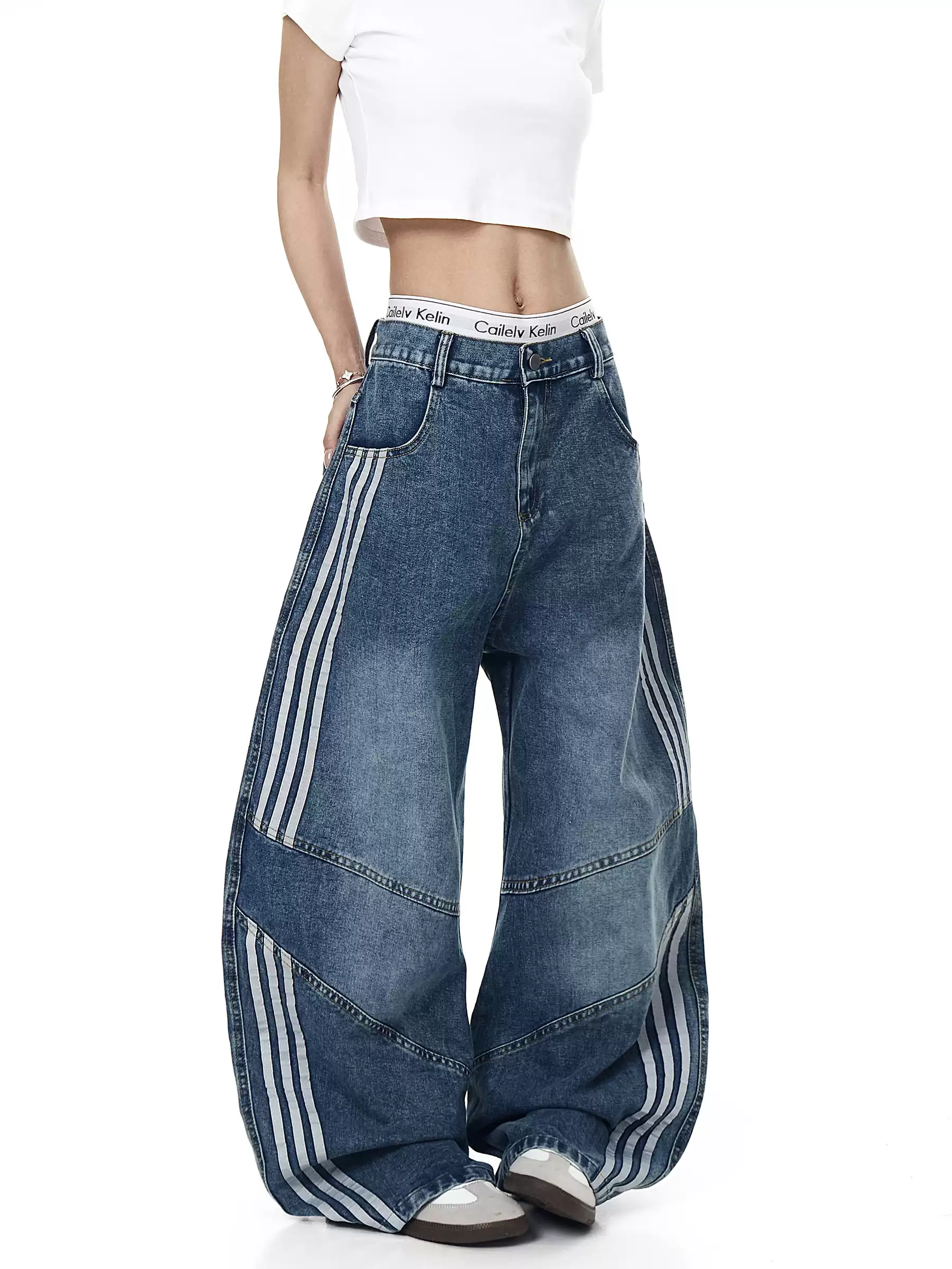 Washed Triple‑Stripe Deconstructed Wide‑Leg Jeans