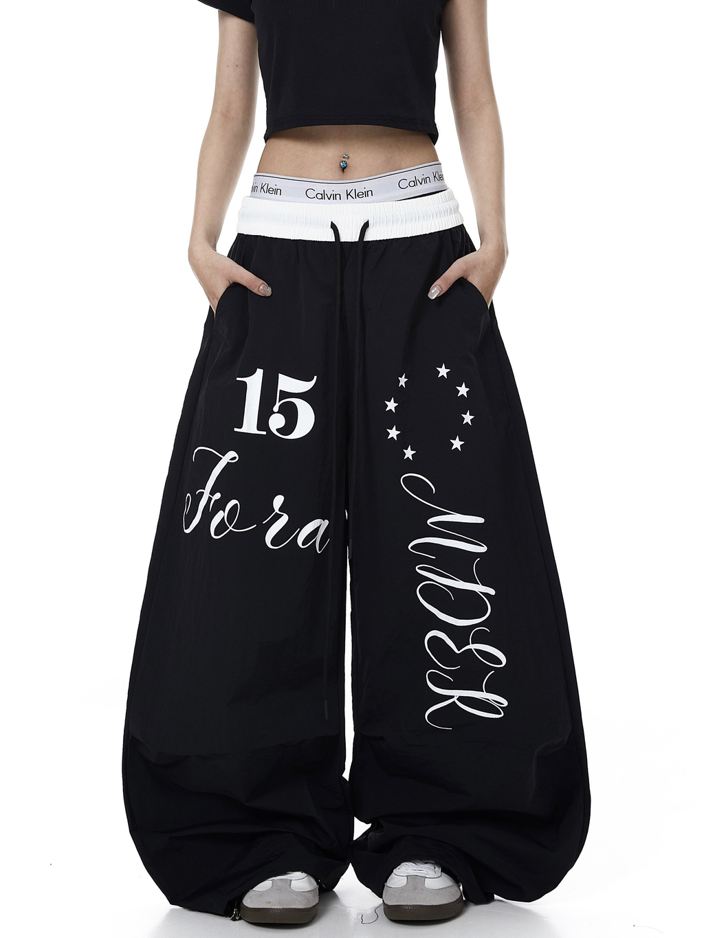 Color-Block Letter Print Parachute Pants