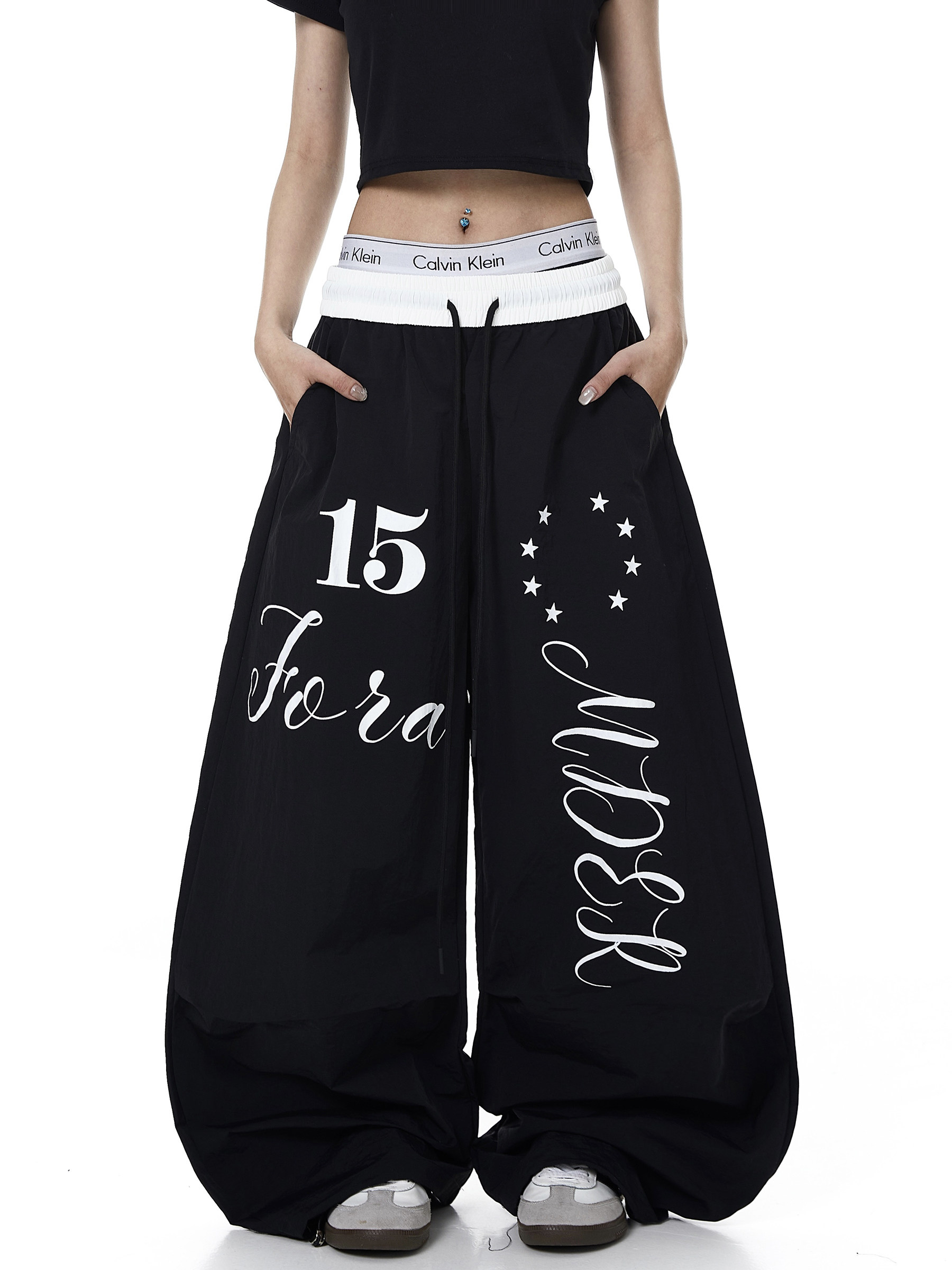 Color-Block Letter Print Parachute Pants
