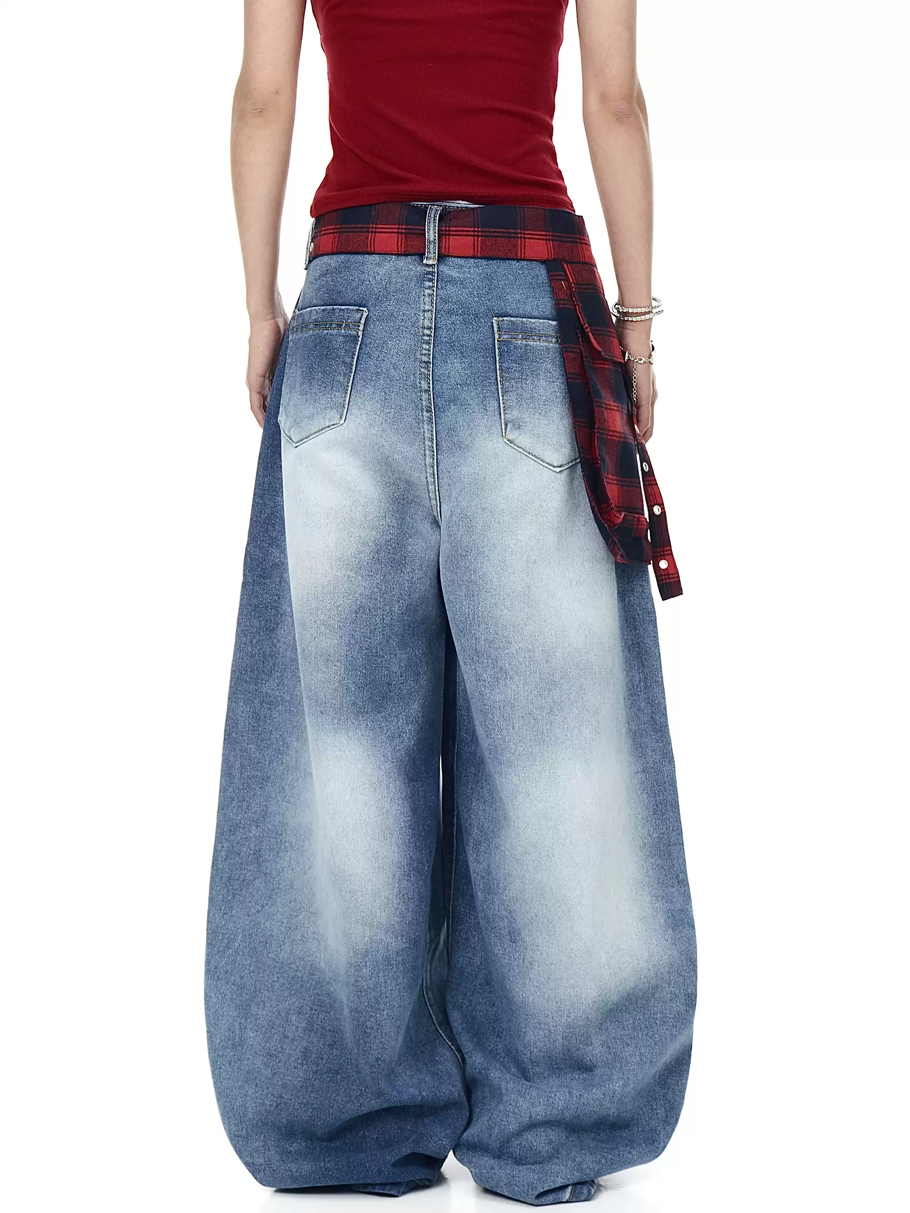 Detachable Plaid Wrap‑Belt Wide‑Leg Jeans