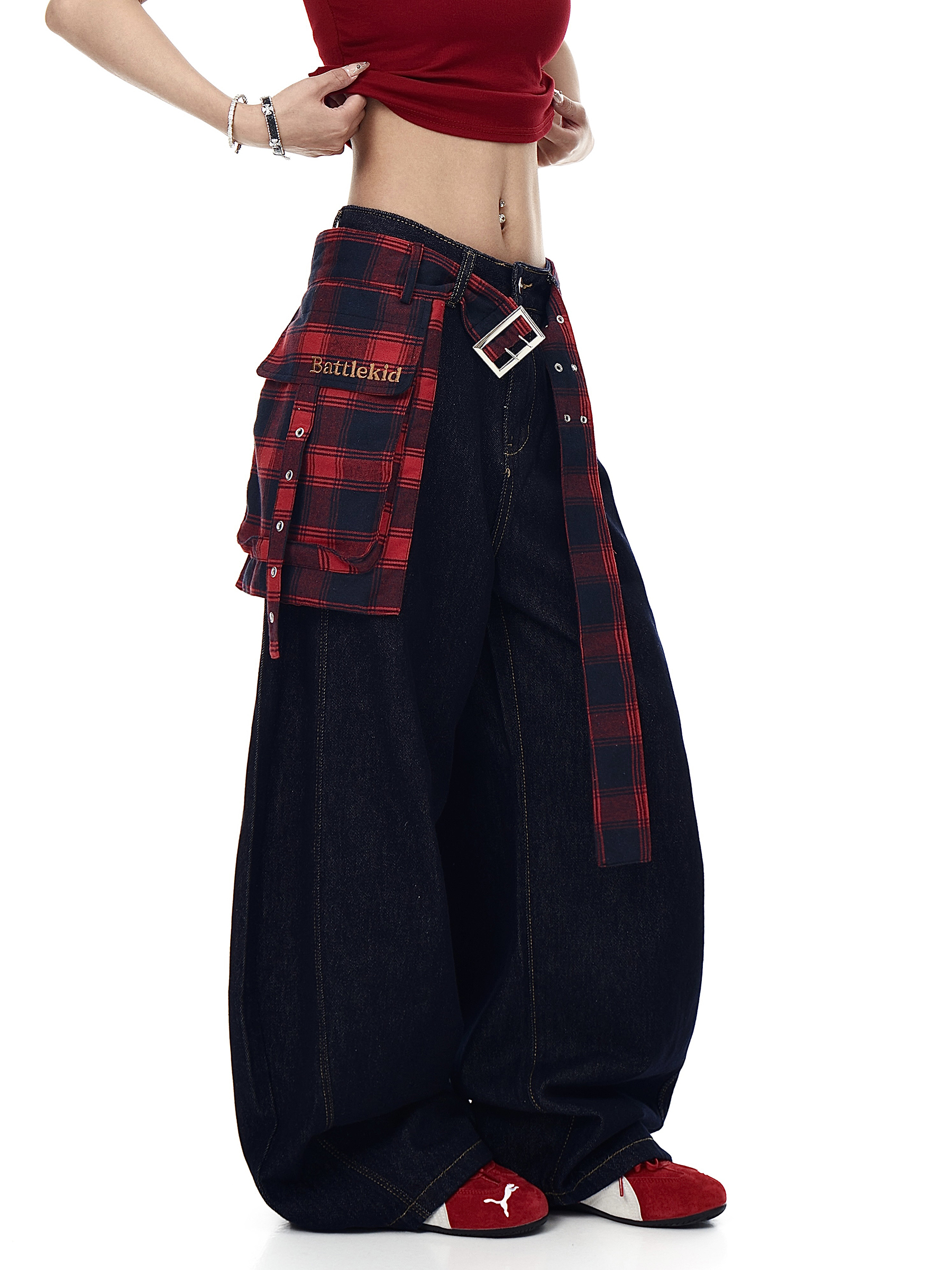 Detachable Plaid Wrap‑Belt Wide‑Leg Jeans