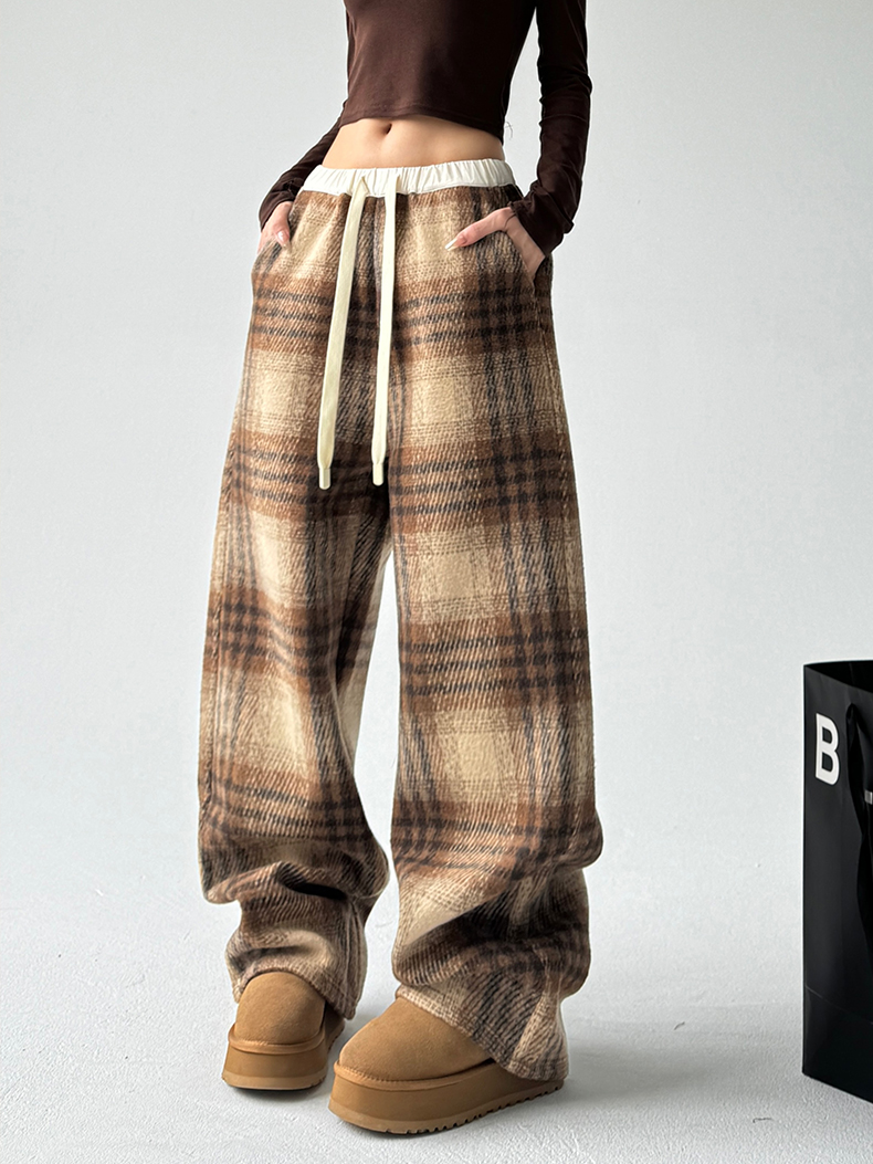Plaid Fleece-Lined Wide-Leg Pants