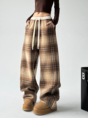 Plaid Fleece-Lined Wide-Leg Pants