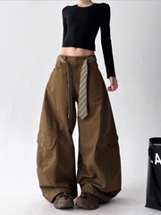 Detachable Belt High Waist Wide-Leg Cargo Pants