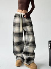 Plaid Fleece-Lined Wide-Leg Pants
