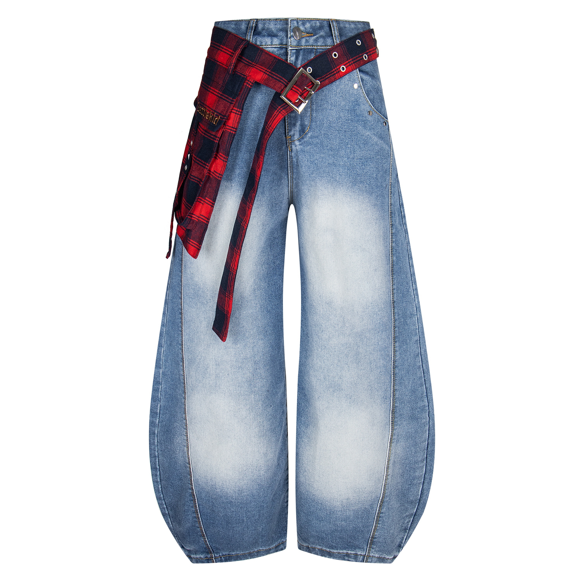 Detachable Plaid Wrap‑Belt Wide‑Leg Jeans