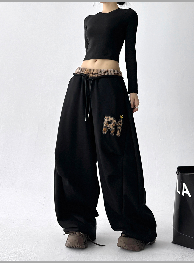 Leopard‑Trim Baggy Wide‑Leg Sweatpants