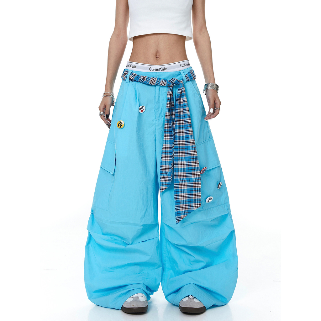 Plaid Belt Layered Badge Parachute Cargo Pants