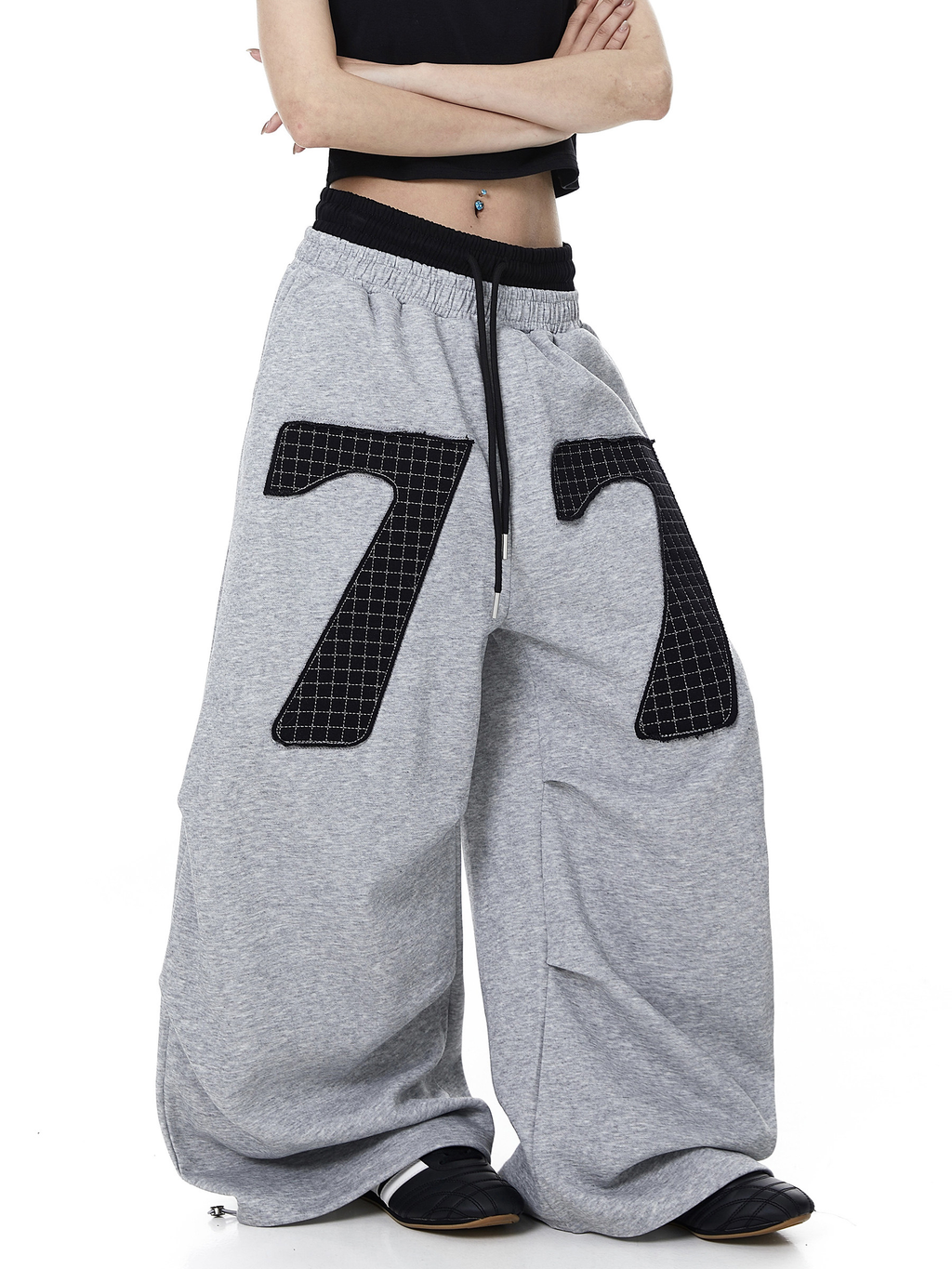 Contrast Patch Embroidered Double Waist Sweatpants