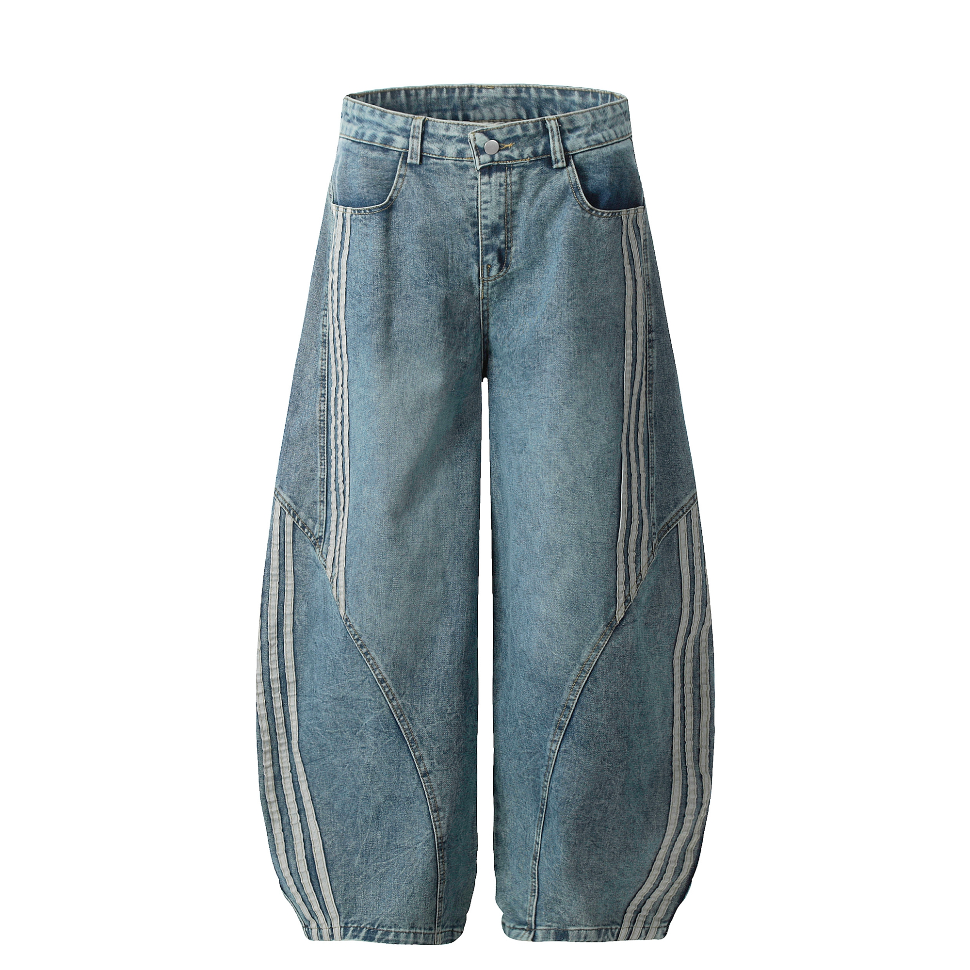Deconstructed Triple‑Stripe Wide‑Leg Jeans
