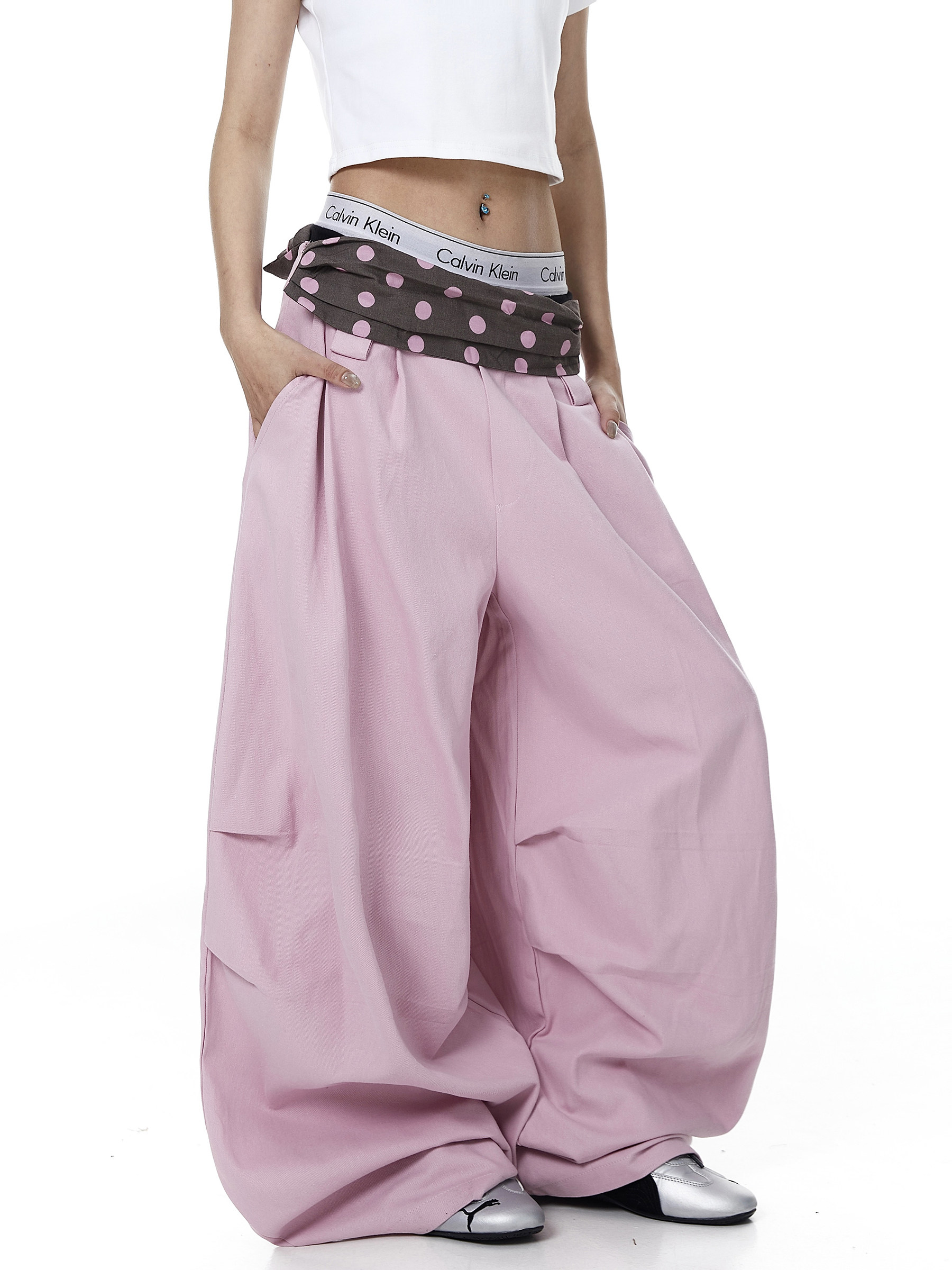Polka Dot Fold-Over Waist Parachute Pants