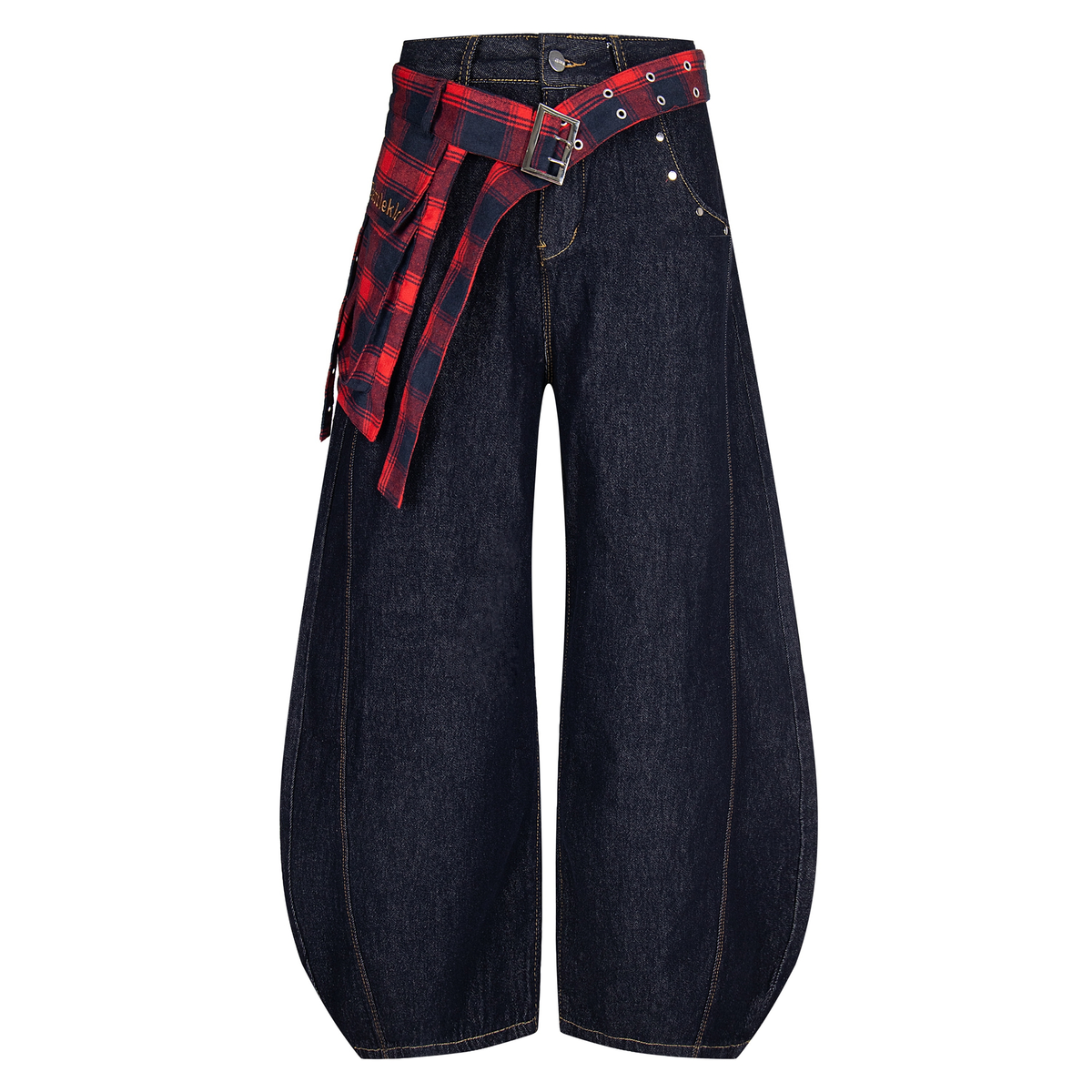 Detachable Plaid Wrap‑Belt Wide‑Leg Jeans