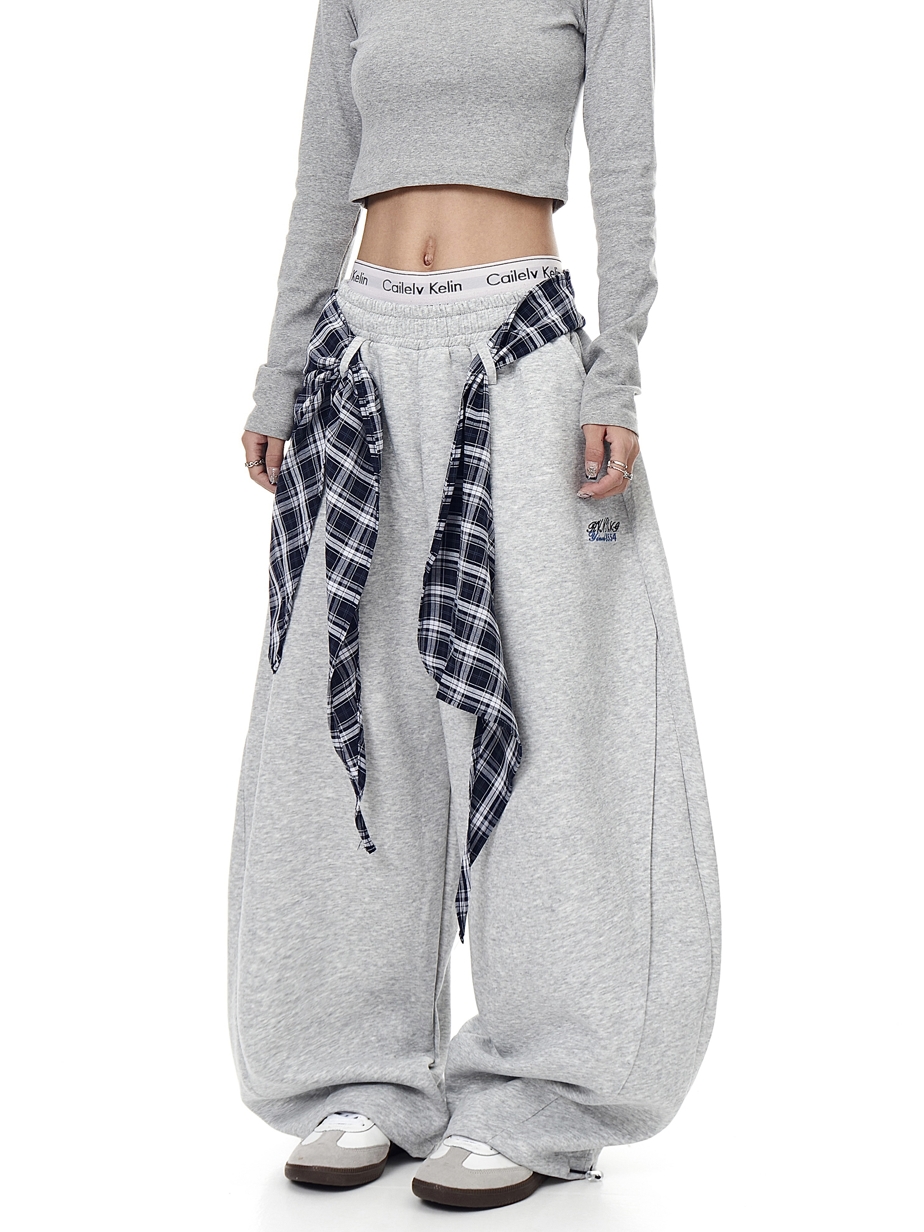Detachable Plaid Wrap Baggy Wide‑Leg Sweatpants
