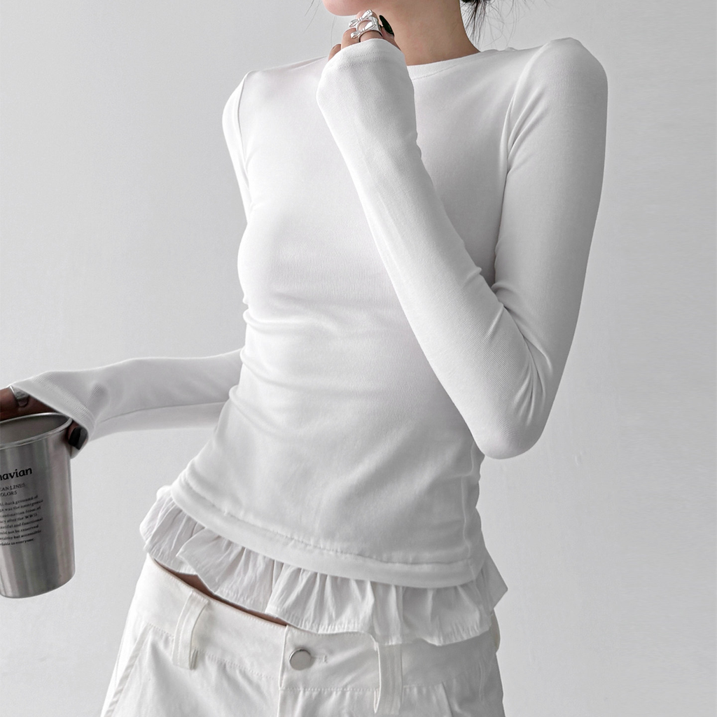 Ruffle Hem Fitted Long Sleeve Top - CT52154