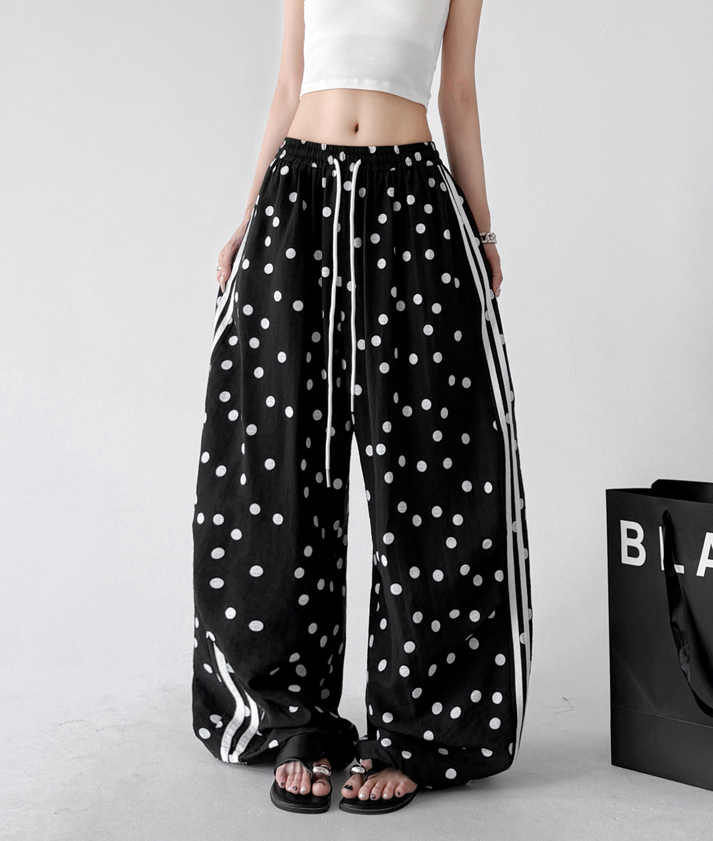 Polka Dot Side Stripe Wide Leg Pants - CT66177