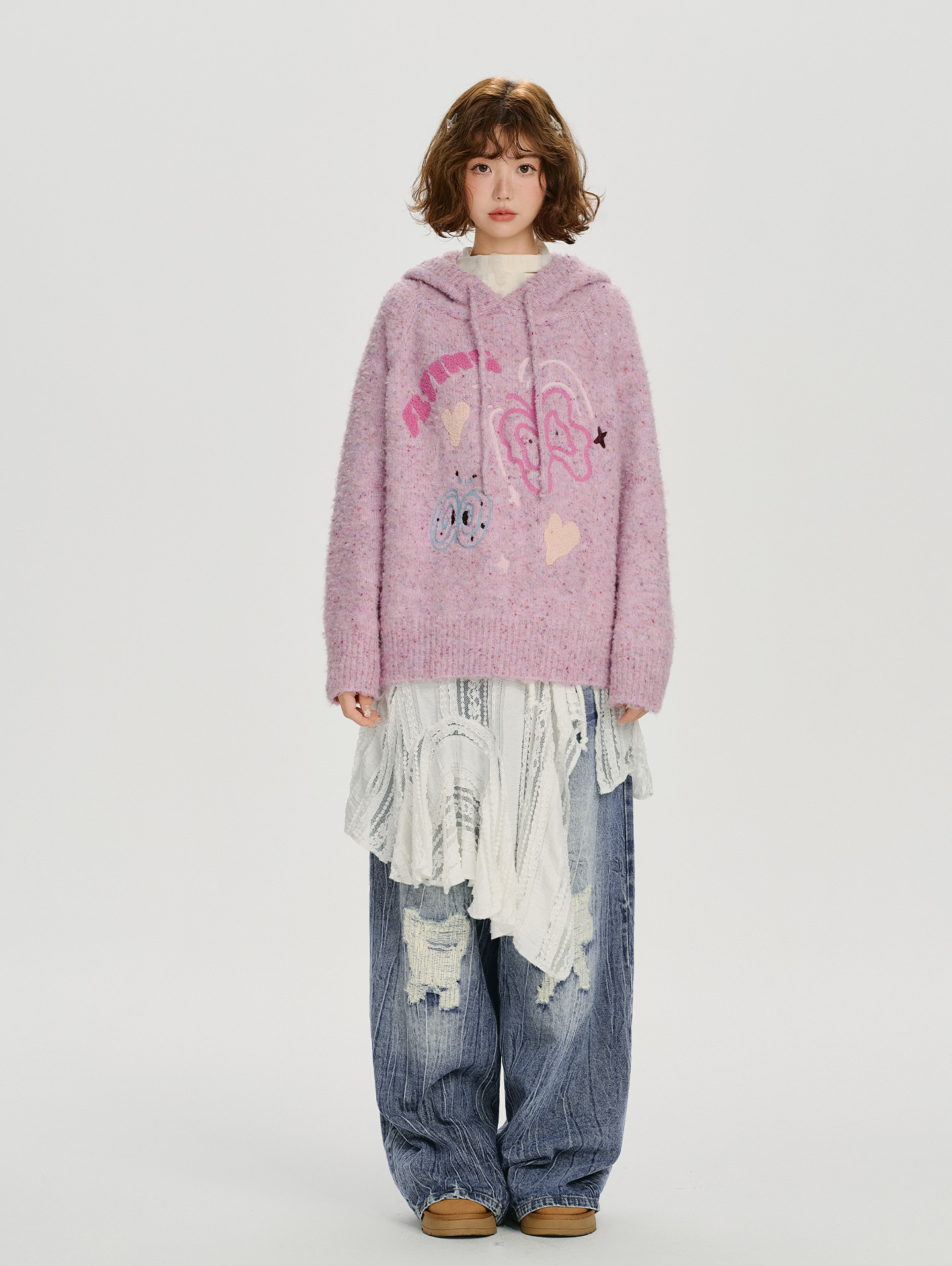 Speckled Jacquard Knit Butterfly Hoodie