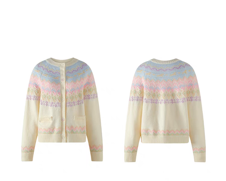 Candy Color Heart Pony Fair Isle Knitted Cardigan Sweater