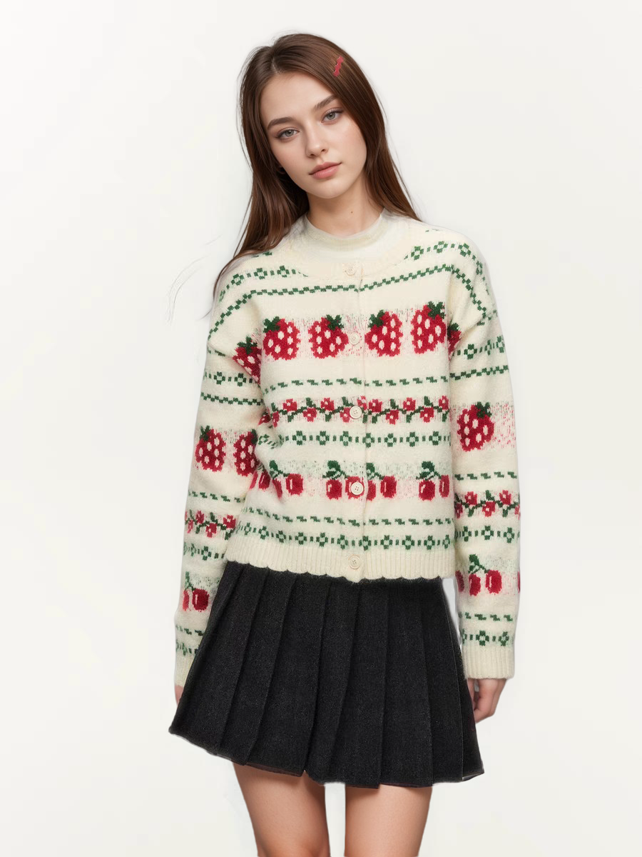 Fair Isle Strawberry Cream Colorblock Knit Cardigan Sweater