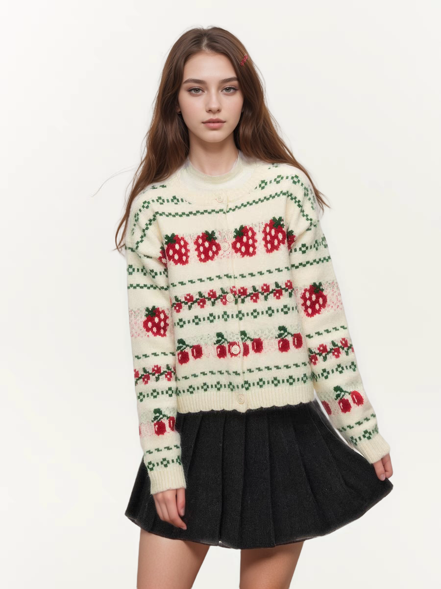 Fair Isle Strawberry Cream Colorblock Knit Cardigan Sweater