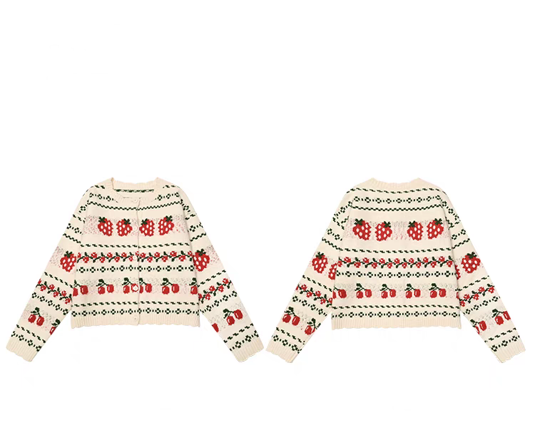 Fair Isle Strawberry Cream Colorblock Knit Cardigan Sweater