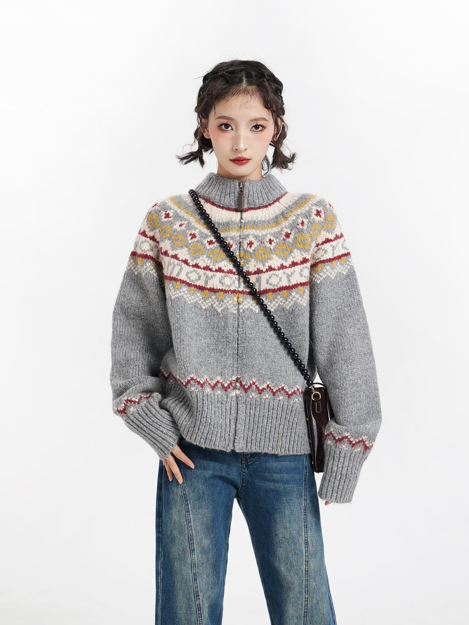 Gray Fair Isle Zip-Up Knit Sweater