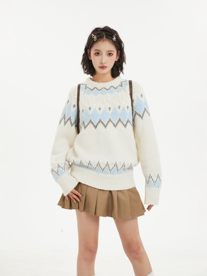 Fair Isle Jacquard White Crewneck Pullover