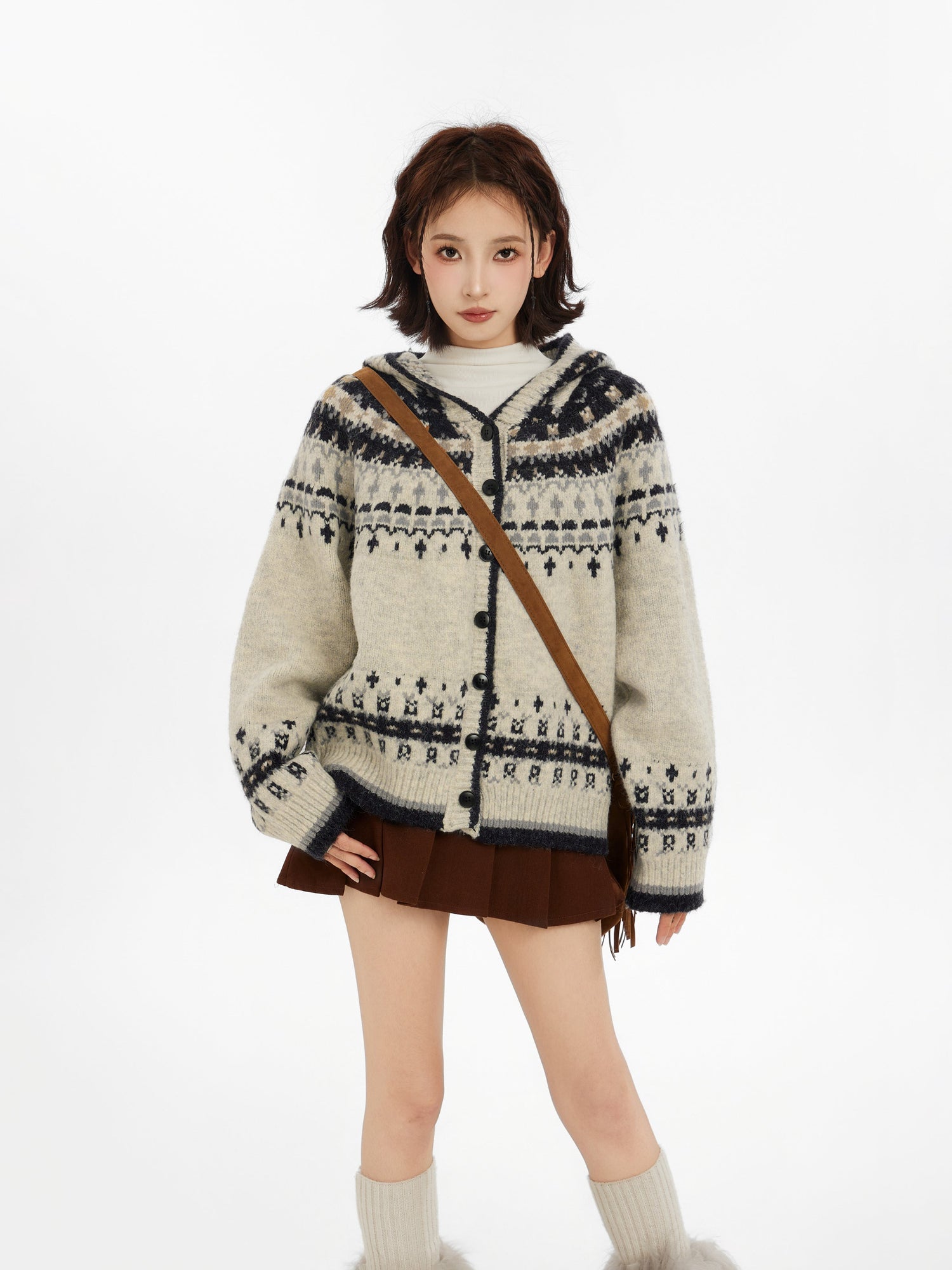 Fair Isle Pattern Hooded Knit Sweater Cardigan