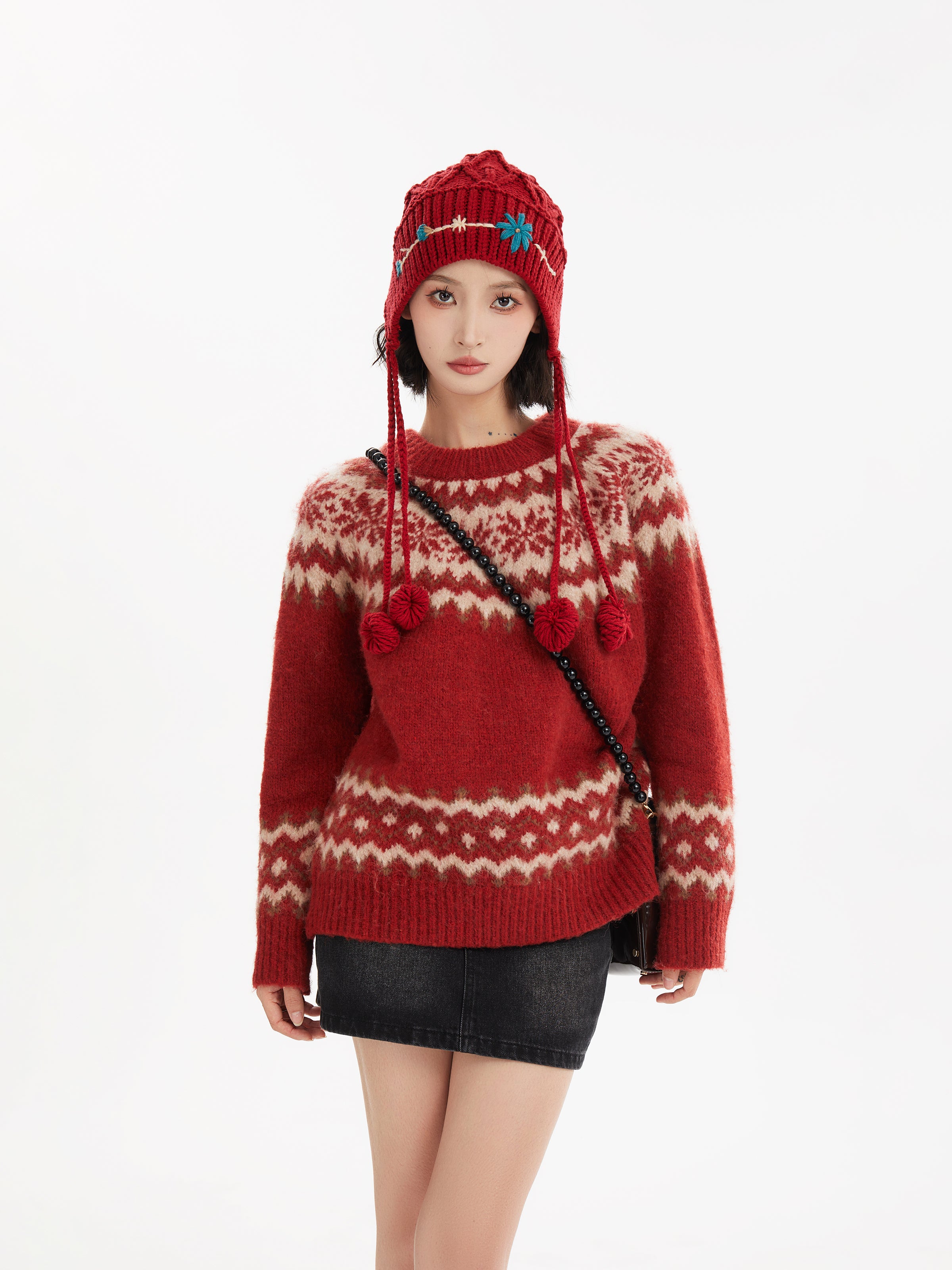 Red Fair Isle Floral Pattern Pullover