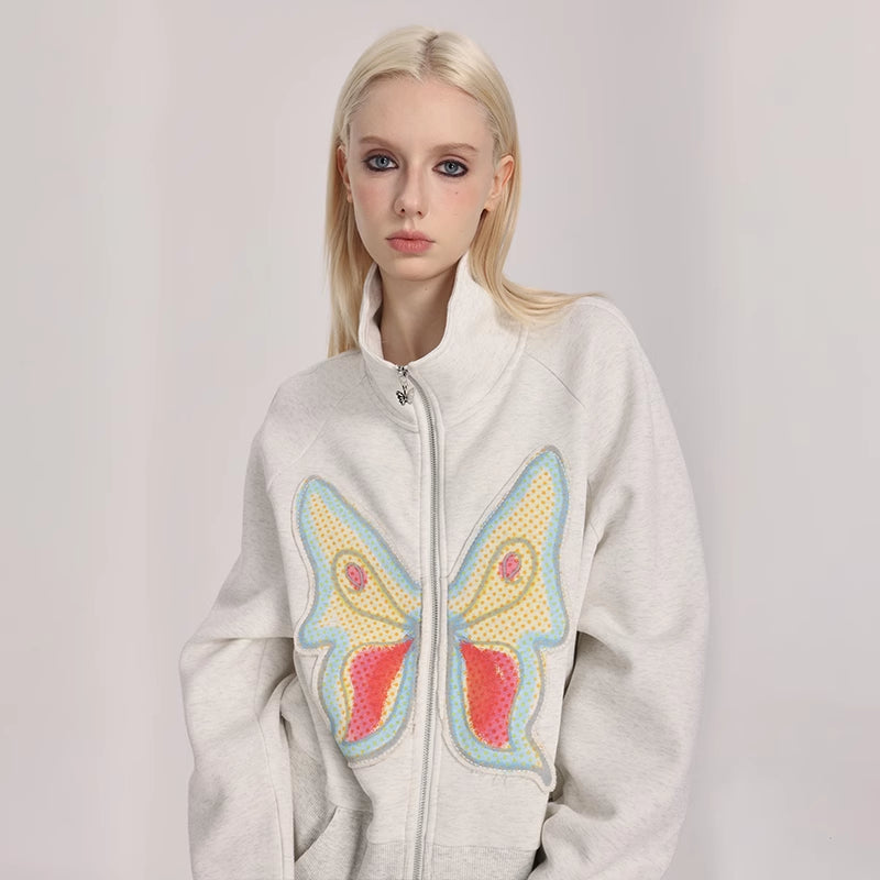 Butterfly Applique Turtleneck Zip-Up Cardigan