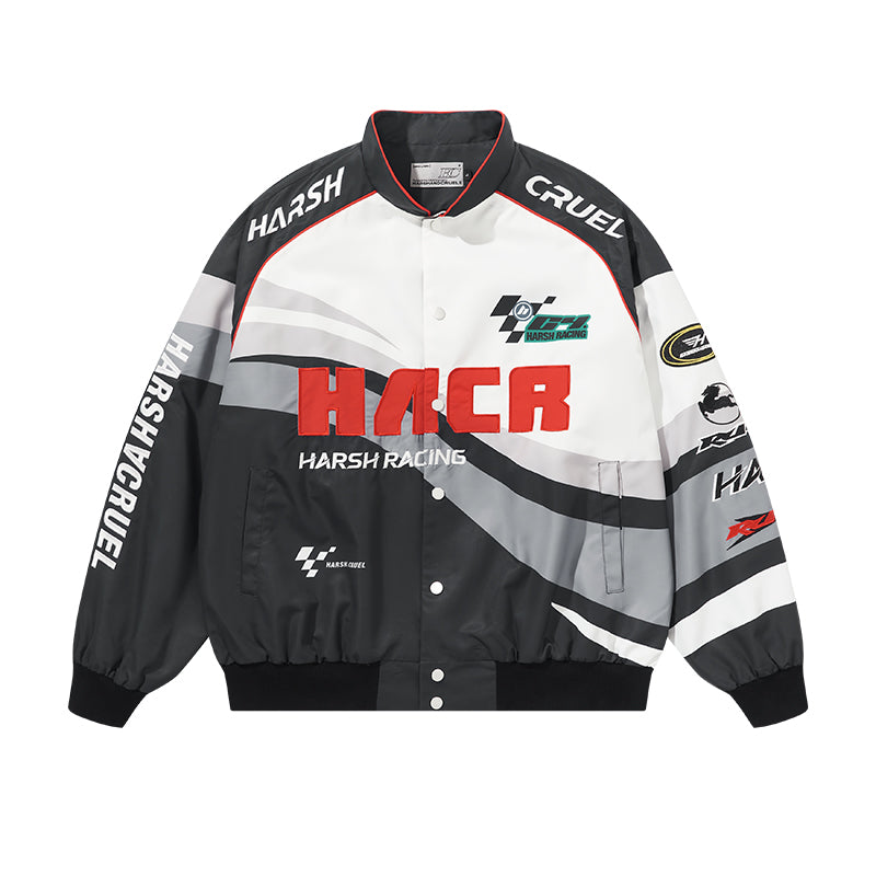 Letter Embroidered Color-Blocked Moto Racing Jacket