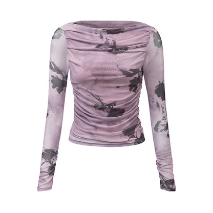 Purple Butterfly Rose Print Mesh Long Sleeve Tee