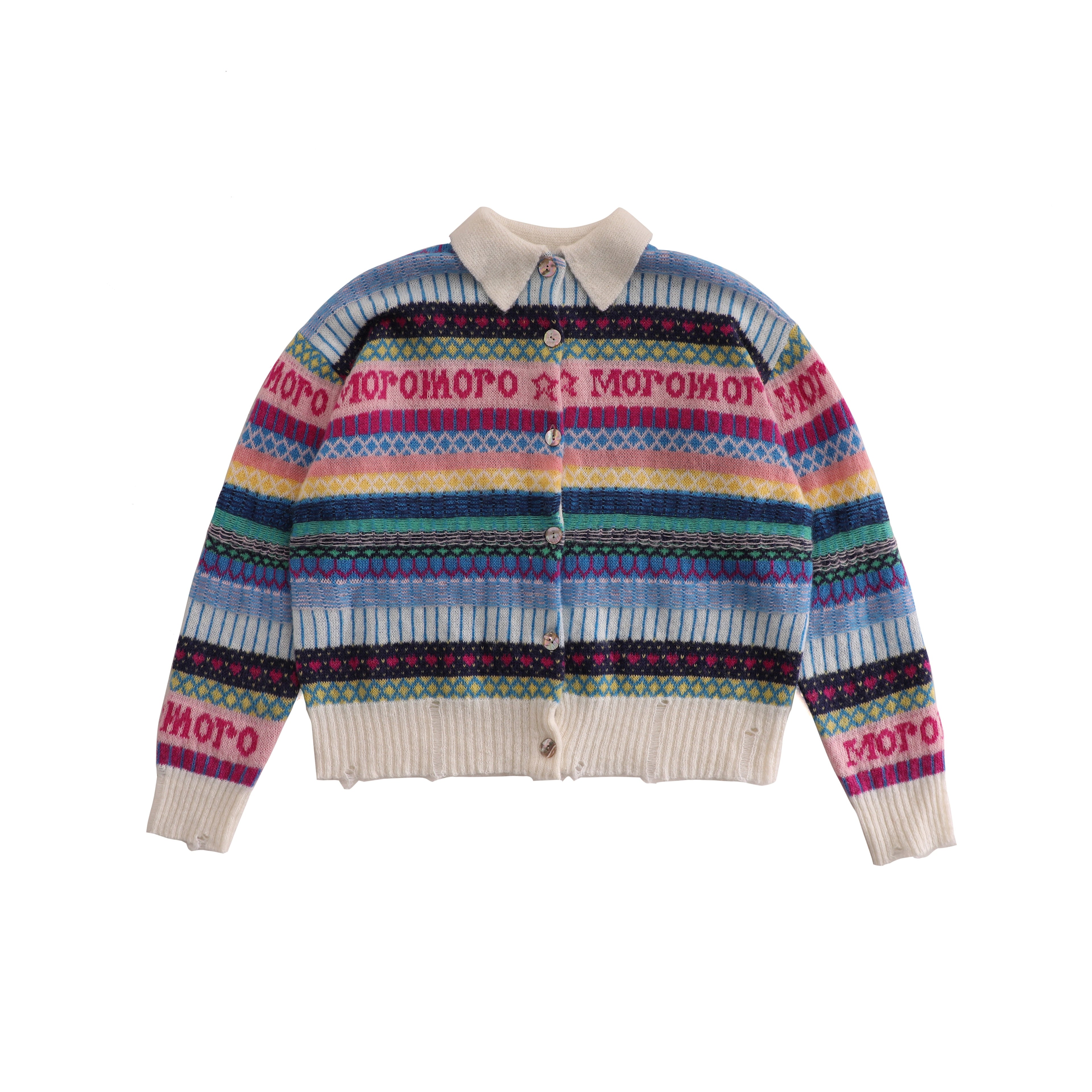 Polo Neck Colorful Stripe Fair Isle Knit Cardigan