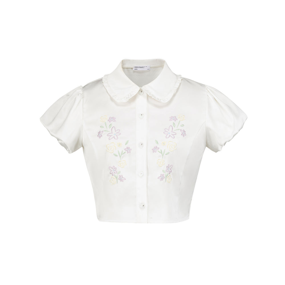 Daisy Embroidered Puff Sleeve Shirt