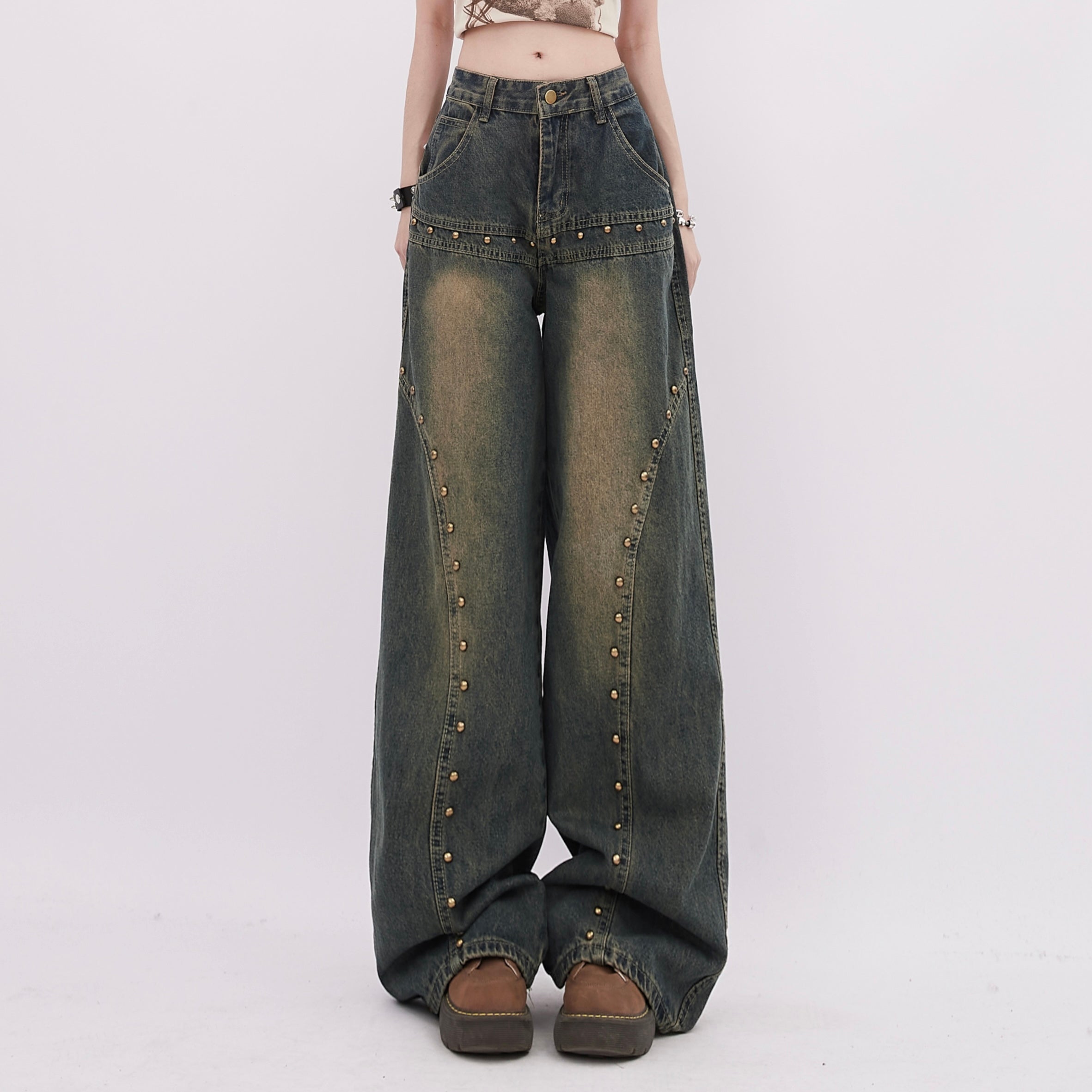 Retro Rivet-Embellished Wide-Leg Denim