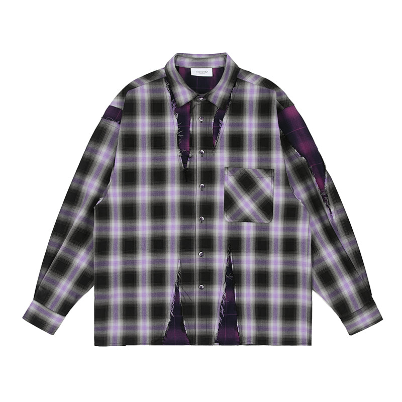 LOSTCTRL Distressed Plaid Long Sleeve Shirt