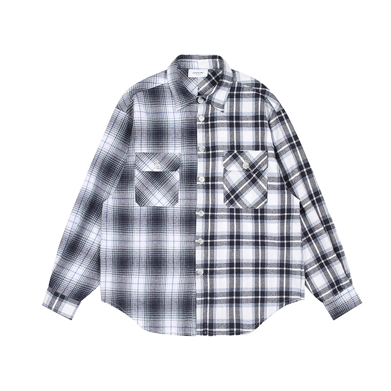 LOSTCTRL Embroidered Logo Plaid Patchwork Long Sleeve Shirt